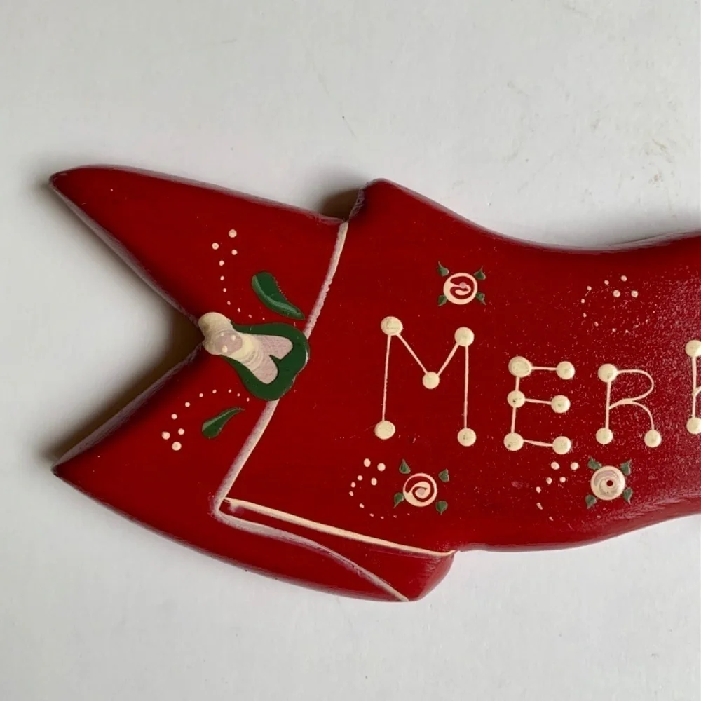 Red Merry Christmas Hanging Wood Sign Wall Plaque Ribbon Bow Hand Painted 24”